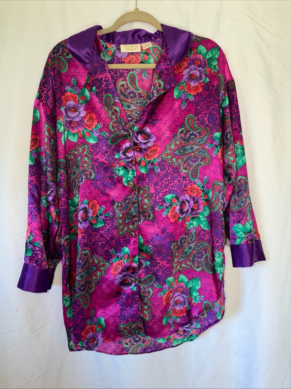 SOLD: Vintage Victoria's Secret Magenta and Green Floral Satin Button-Down Top